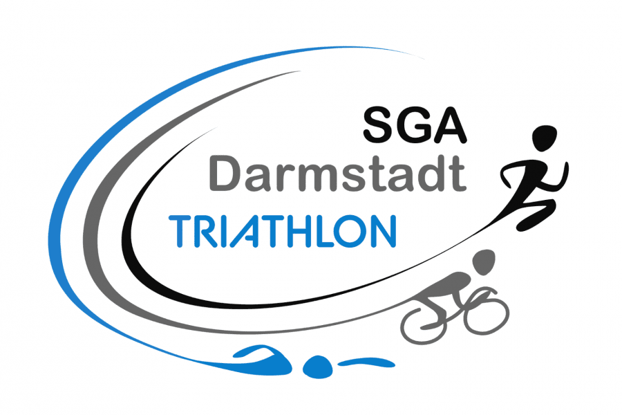 Logo der SGA Darmstadt für Triathlon mit stilisierten Sportlern für Schwimmen, Radfahren und Laufen.